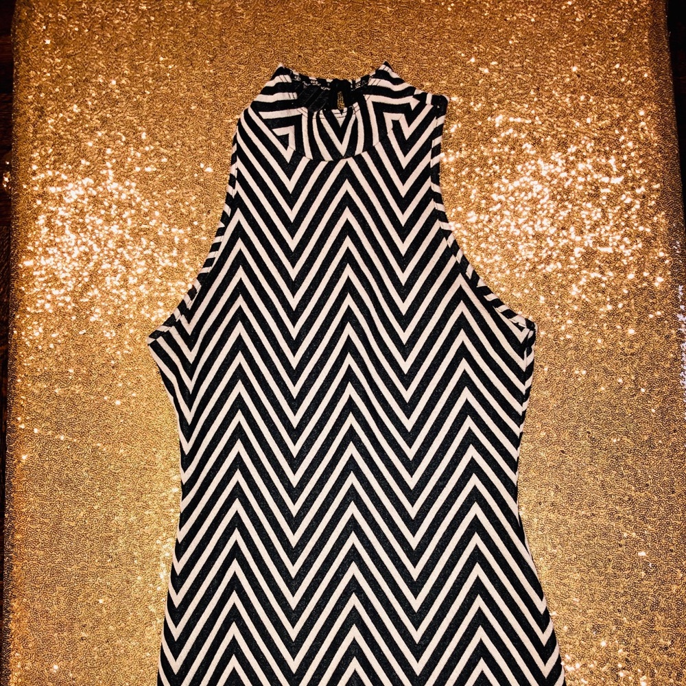 Strip Brown & Nude Midi Dress w/ Keyhole Back.